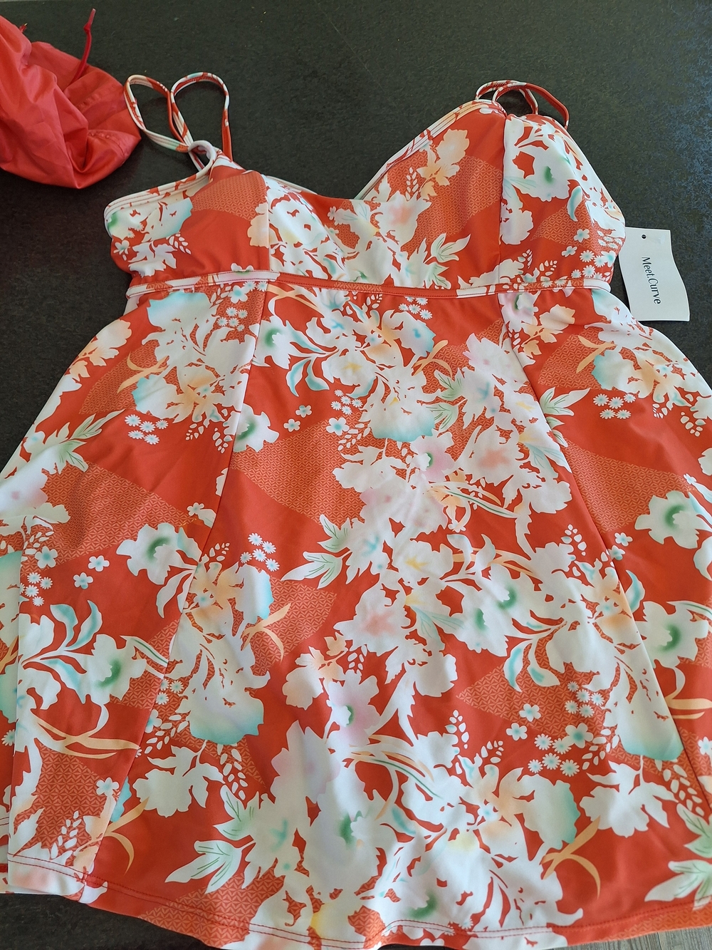Women's Floral Orange White Swim Dress , Size 2xl